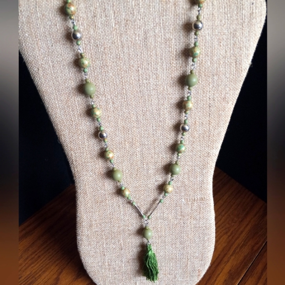 Silver Tone Green Bead With Green Tassel Necklace